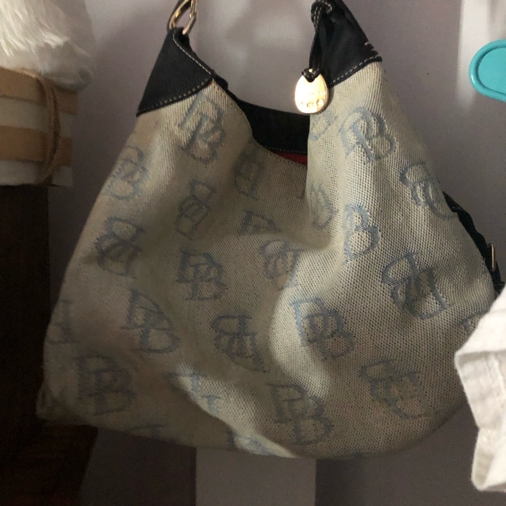 Dooney & Bourke Beige Canvas Logo Hobo with Black Trim